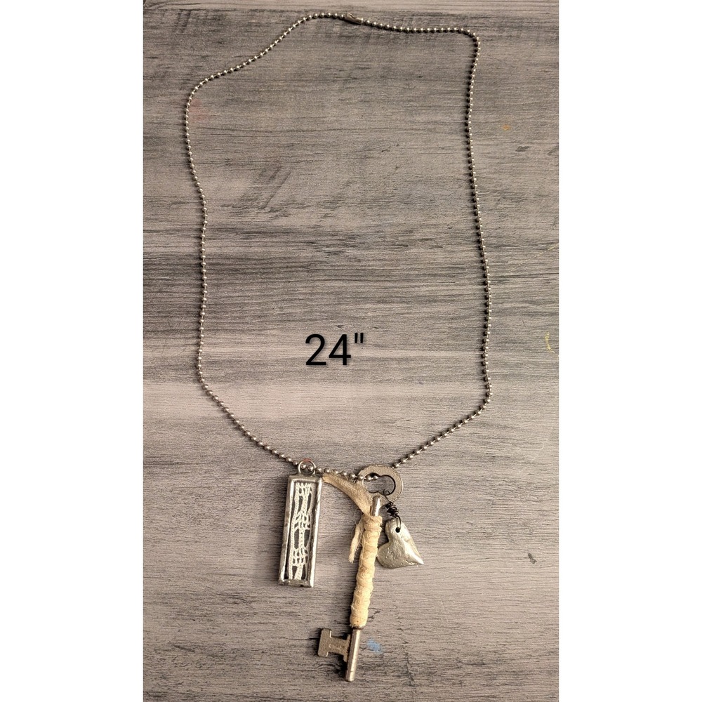 Silver Tone Mixed Charm Necklace Skeleton Key Heart Ball Chain 24 Inch Boho